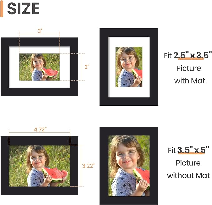 upsimples 3.5x5 Picture Frame, Display Pictures 2.5x3.5 with Mat or 3.5x5 Without, Wall Hanging Photo Frames, Black, 1 Pack