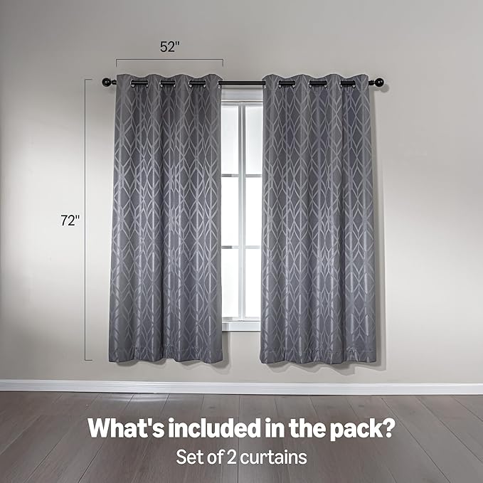 Amazon Basics Jacquard 2-Piece 100% Blackout Curtains, Living Room and Bedroom Drapes, Thermal Insulated Window Treatment, 52"x72", Grey