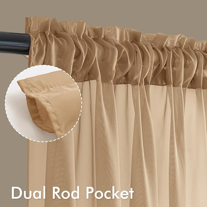 MIULEE Brown Sheer Curtains 72 Inches Long, 4 Panels Set, Rod Pocket Voile Drapes Light Filtering and Semi Transparent, Elegant Window Treatments for Bedroom Living Room,54 x 72 Inches