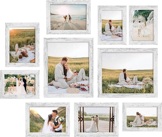 iRahmen Collage Picture Frames Set of 10, Wall Decor for Mounting or Tabletop Display, Family Photo Gallery Frame Set - Multi Sizes Including Two 8x10, Four 5x7, Four 4x6, HD Glass, Rustic Wood
