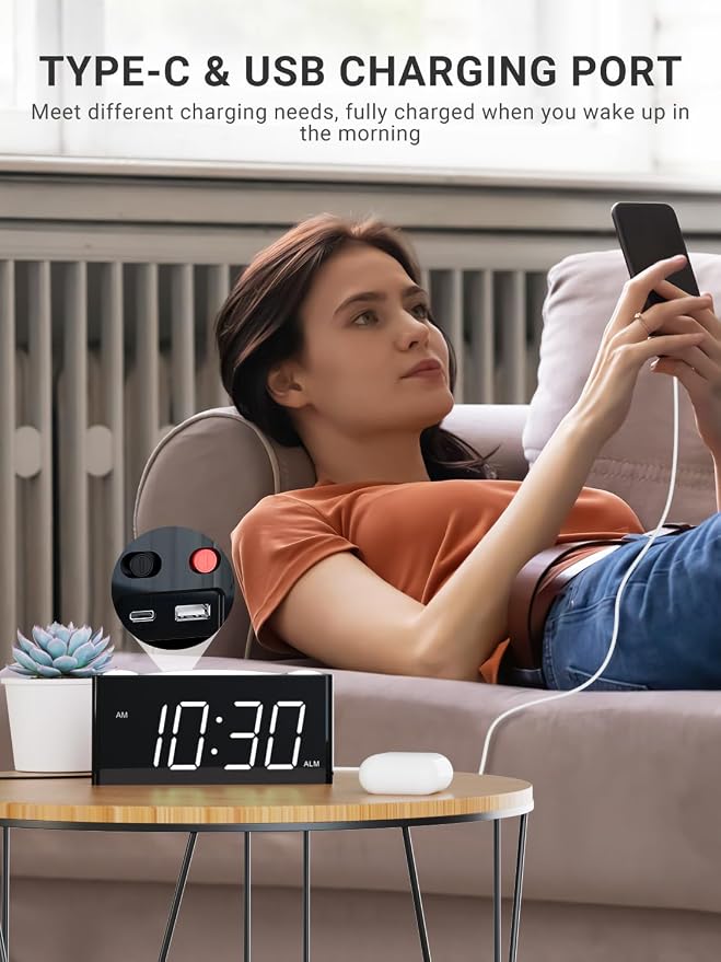 Vibrating Alarm Clock for Heavy Sleepers – Loud Alarm with Bed Shaker, 3 Wake Modes, Large 7.5” Display, 5-Level Dimmer, USB & Type-C Charging, Plug-in with Battery Backup for Bedroom, Teens & Deaf - Image 6
