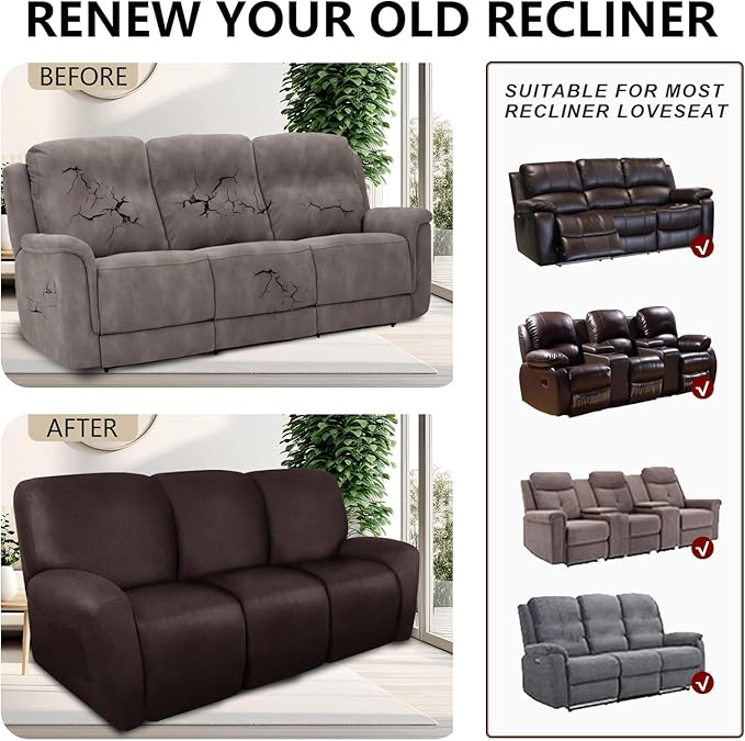 ANARACHON Recliner Couch Cover Leather Look Recliner Sofa Covers for 3 Cushion Reclining Sofa Slipcovers 8-Pieces Furniture Protector Spandex Fabric Washable (3 Seater, 01 Chocolate)