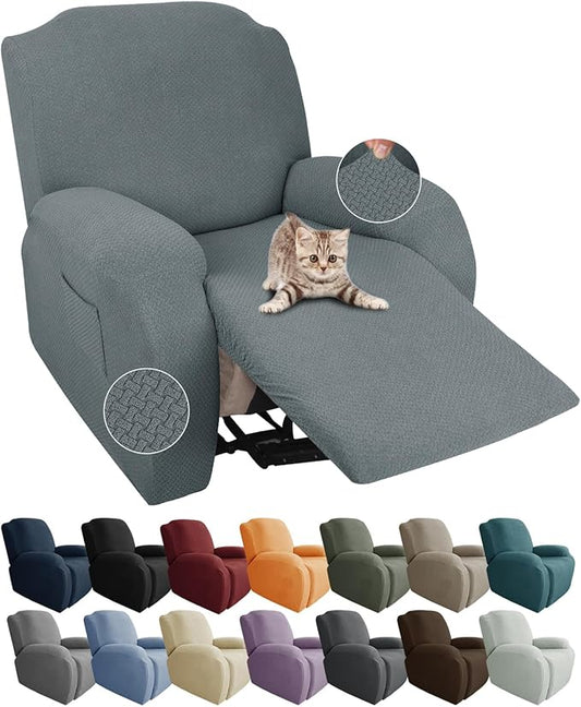 JIVINER 4-Piece Recliner Chair Covers Stretch Jacquard Covers for Reclining Chair Recliner Slipcovers for Living Room Soft Recliner Protector with Pocket (Recliner, Light Gray)