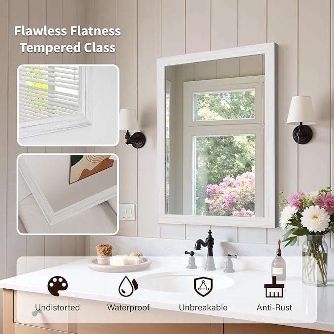 White Wood Effect Framed Wall Mirror, 22x30 Rectangle Mirror, Anti-desilvering Tempered Glass, Sustainable& Sturdy Frame, Farmhouse Mirror, Anti-Rust, 3min Fast Setup for Bathroom Living Room