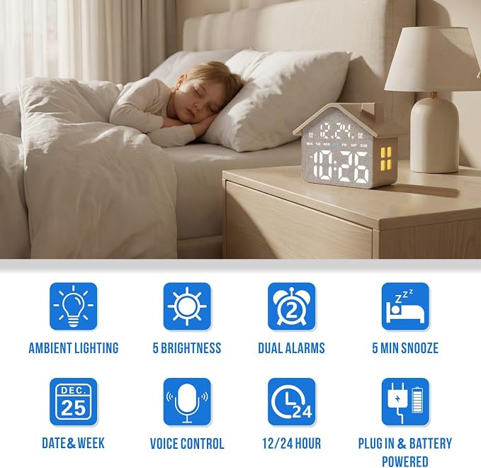 Plumeet Digital Alarm Clock, Bedroom Clock with Large Numbers, Date, Week, Dual Alarms, Dimmer and Ambient Light, House-Shaped Electric Bedside Desk Clock, Adapter Batteries Powered, Grey - Image 2