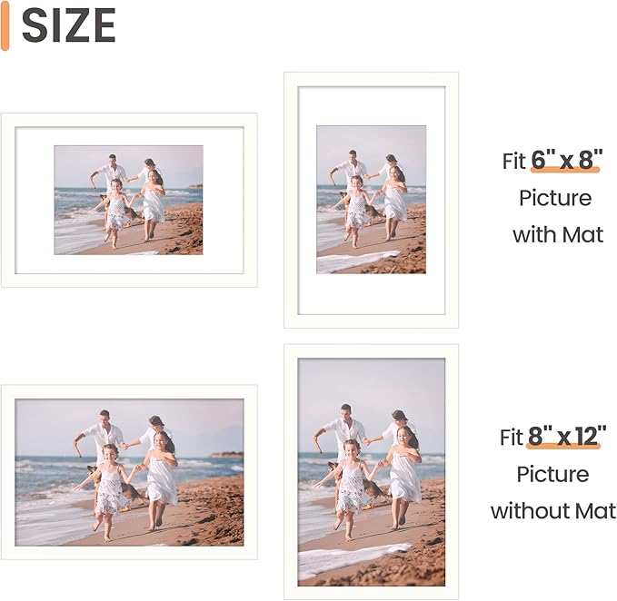 upsimples 8x12 Picture Frame, Display Pictures 6x8 with Mat or 8x12 Without, Wall Hanging Photo Frames, White, 1 Pack