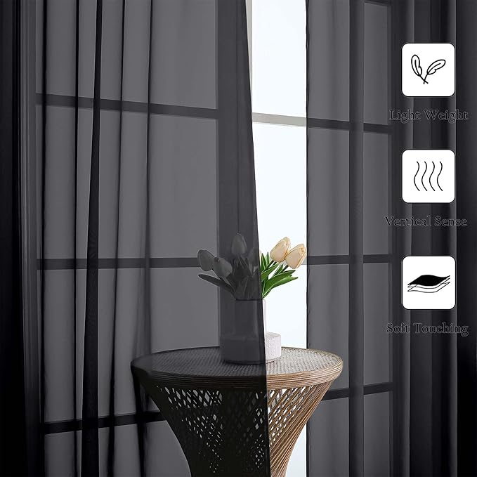 Lecloud Black Sheer Curtains 120 Inches Long 2 Panels, Balance Light & Privacy Voile Window Curtains, Solid Sheer Curtain Drapes for Living Room Balcony Big Windows, 59" W x 120" L