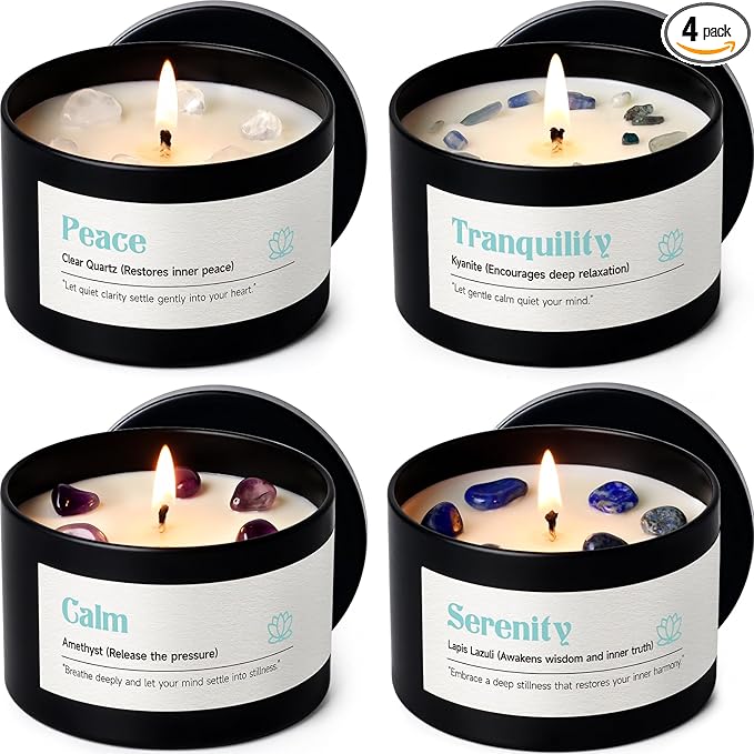 AOOVOO Crystal Calm Candles Set for Women - 4 Pack 26 oz Soy Wax Candles for Home Scented, 200 Hour Long Lasting Candle, Peace Clear Quartz/Tranquility Kyanite/Calm Amethyst/Serenity Lapis Lazuli