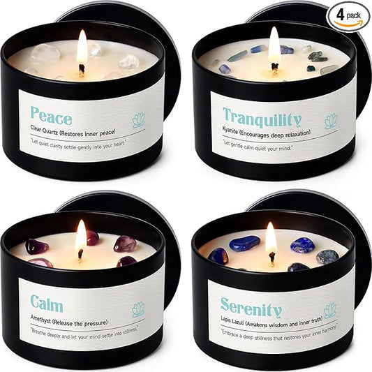 AOOVOO Crystal Calm Candles Set for Women - 4 Pack 26 oz Soy Wax Candles for Home Scented, 200 Hour Long Lasting Candle, Peace Clear Quartz/Tranquility Kyanite/Calm Amethyst/Serenity Lapis Lazuli