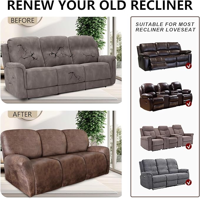ANARACHON Recliner Couch Cover Leather Look Recliner Sofa Covers for 3 Cushion Reclining Sofa Slipcovers 8-Pieces Furniture Protector Spandex Fabric Washable (3 Seater, 02 Light Brown)