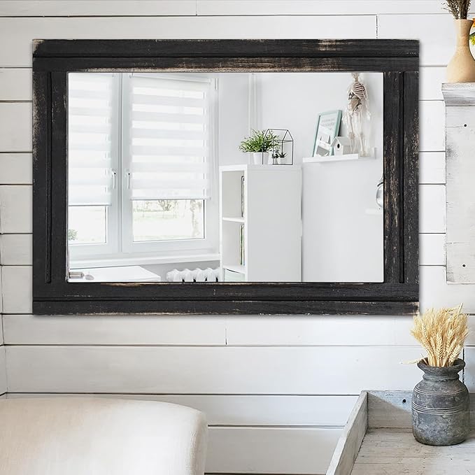 AAZZKANG Wall Mounted Mirror Small Rectangular Retro Mirrors with Wood Frame for Bedroom Living Room Bathroom Entryway Large 26"x18"