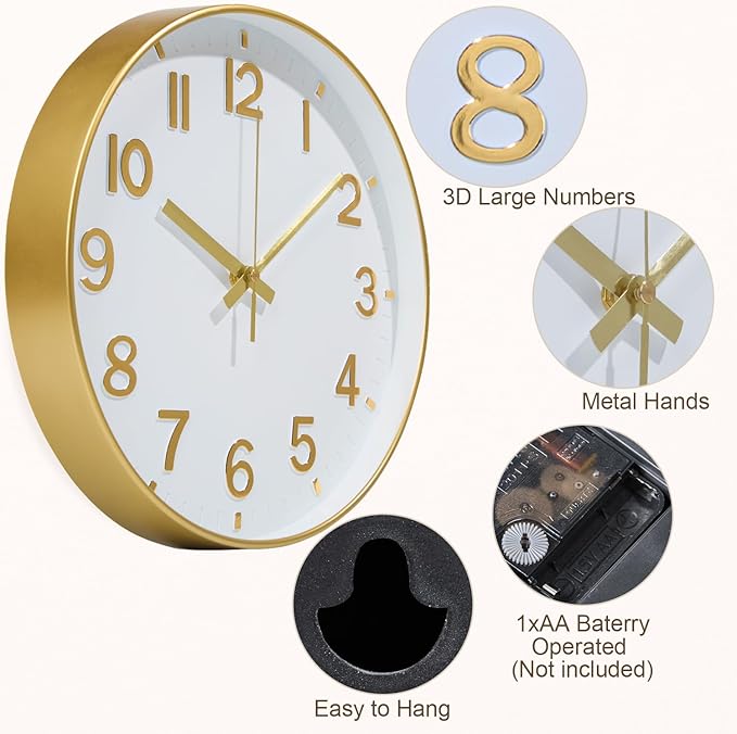 Gold Wall Clocks Battery Operated, 12 Inch Non Ticking Digital Wall Clock, Silent Analog Clock for Bedroom Living Room Kitchen Office Gym Classroom, Large Number Clocks for Seniors Elderly