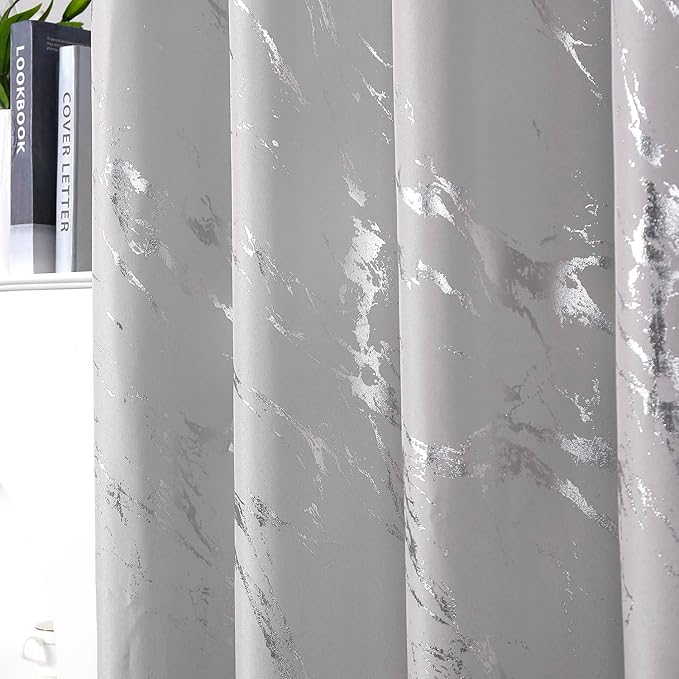 Taisier Home Silver Foil Print Linen Textured Curtains - Geometric Marble Pattern Design for Nursery - Light Filtering Window Treatment, 2 Panels, 63" L, Beige and Silver