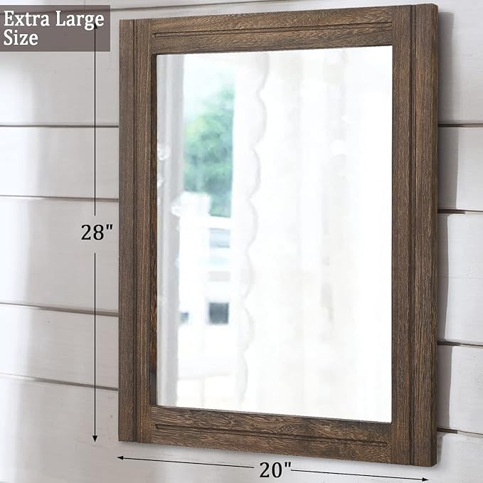 AAZZKANG Rustic Wood Mirror Rectangle Decorative Wall Hanging Mirrors with Frame Large 28"x20" for Bedroom Living Room Bathroom Home Entryway