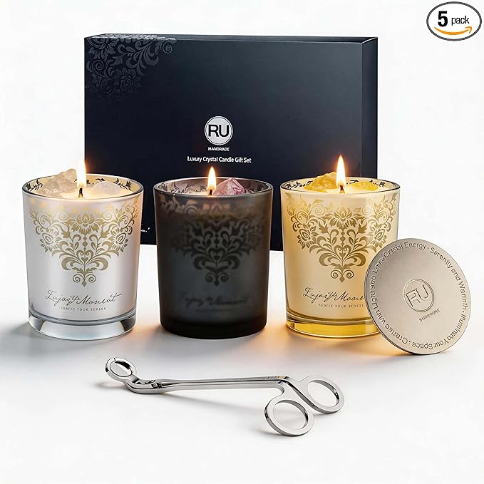 Luxury Soy Candle Gift Set for Women – 3 Pack 7oz Crystal Glass Aromatherapy Candles, 120H Total Burn Time, Soy & Beeswax Blend with Wick Trimmer & Snuffer Lid, Spa & Relaxation Scents