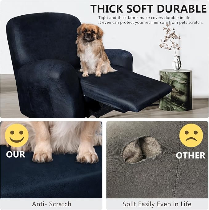 ANARACHON Recliner Chair Covers Leather Like, 4 Pieces Recliner Cover for Recliner Chair, Soft Sofa Slipcover Furniture Protector Washable Sofa Cover for Pets Kids (X-Large, Navy 1)
