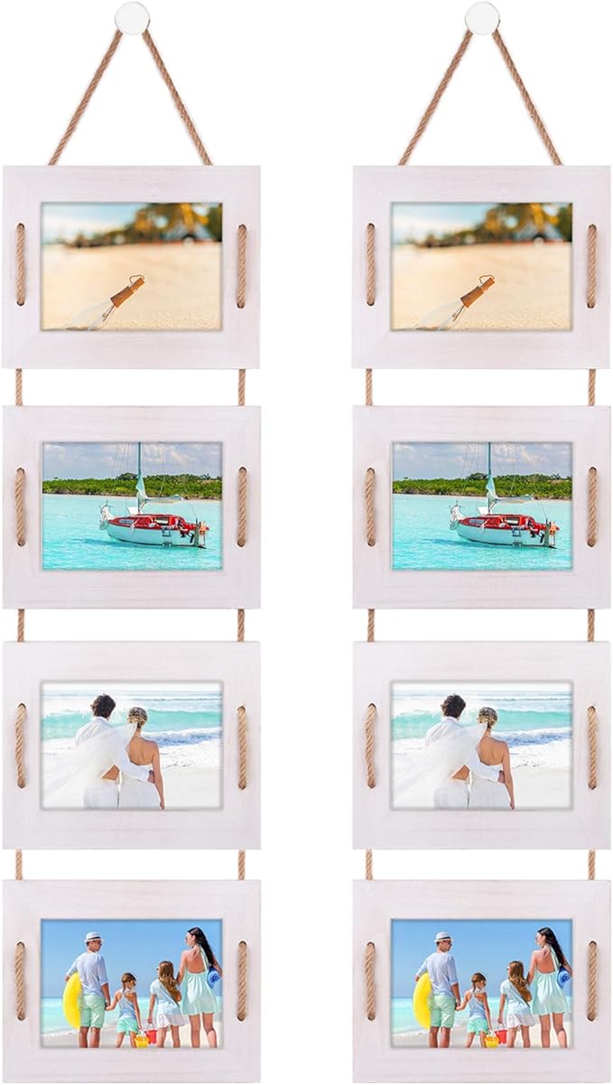 DLQuarts 5x7 Hanging Collage Picture Frames Wall Decor, 4-Opening 5x7 Matted to 3.5x5 Photo Rustic Wood Frame with Hemp Rope, 2 Pack, Vintage White