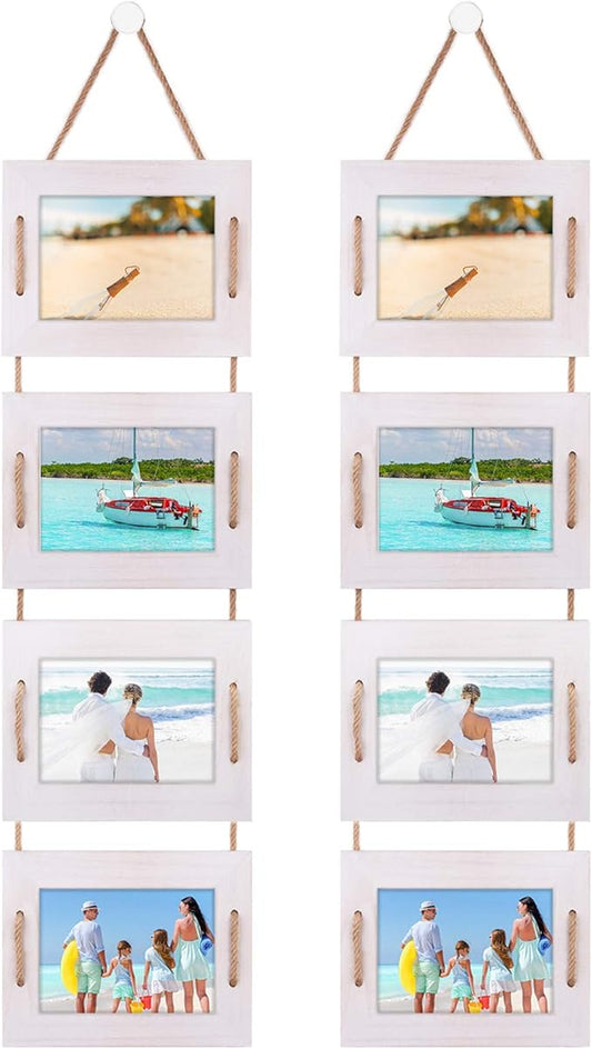 DLQuarts 5x7 Hanging Collage Picture Frames Wall Decor, 4-Opening 5x7 Matted to 3.5x5 Photo Rustic Wood Frame with Hemp Rope, 2 Pack, Vintage White