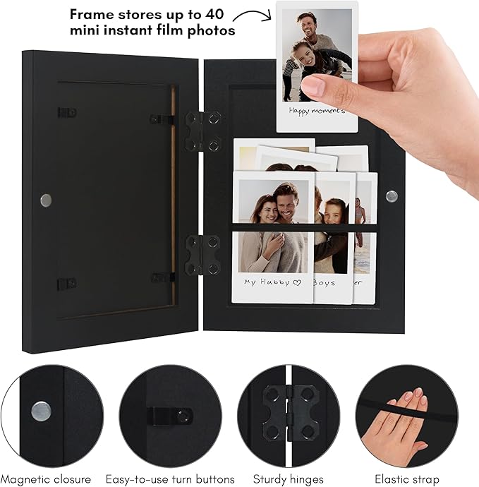 Americanflat 4x6 Picture Frame with Storage - Use as 2x3 Frame for Instant-Print Photos - Quick Change Storage Frames Holds up to 40 Photos - Tabletop or Wall Display - Black