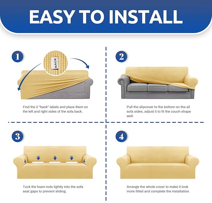 KEKUOU Stretch Oversized Sofa Slipcover 1 Piece Couch Sofa Cover (94"-110") Furniture Protector 4 Seater Sofa with Elastic Bottom for Kids,Pet.Jacquard Checked Pattern Fabric(X Large,Champagne)