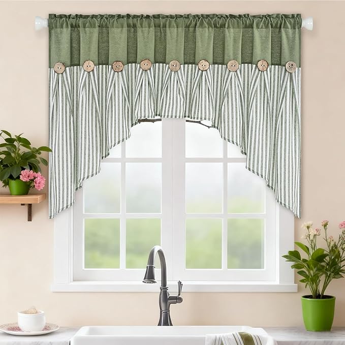 ASPMIZ Farmhouse Cotton Linen Swag Valances for Windows, Boho Kitchen Curtains Valances with Rustic Buttons, Green Striped Window Treatments Curtain Valance for Bathroom Cafe, 61 x 36 Inch, 1 Panel