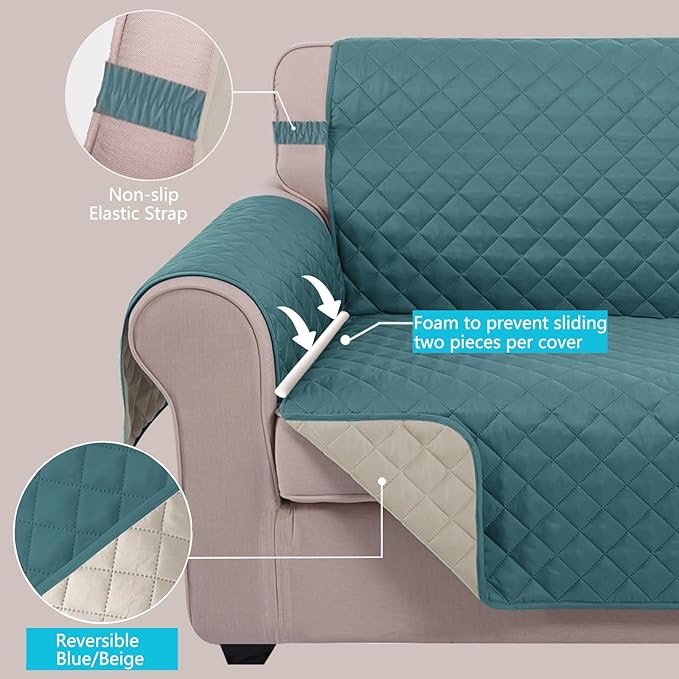 U-NICE HOME Recliner Chair Covers Reversible Chair Cover Pet Covers for Dogs with Elastic Straps Water Resistant Diamond Quilted (23''Armchair, Blue/Beige)