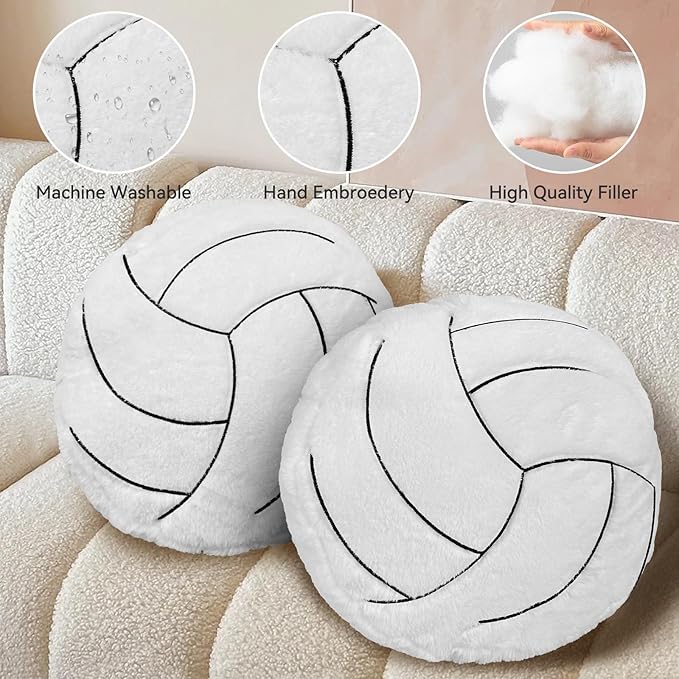 Volleyball Pillow, 2 Pcs Volleyball Plush Pillow Soft Fluffy Stuffed Sports Throw Pillows, Round Volleyball Pillows Ideal Couch, Bedroom & Sports Room Decor 15.8"