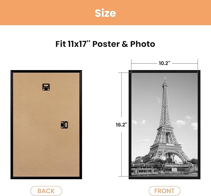 upsimples 11x17 Picture Frame Black 3 Pack, Scratch-Proof 11 x 17 Poster Frames for Photo Gallery - Slide-In Strips, Horizontal or Vertical Wall Mounting
