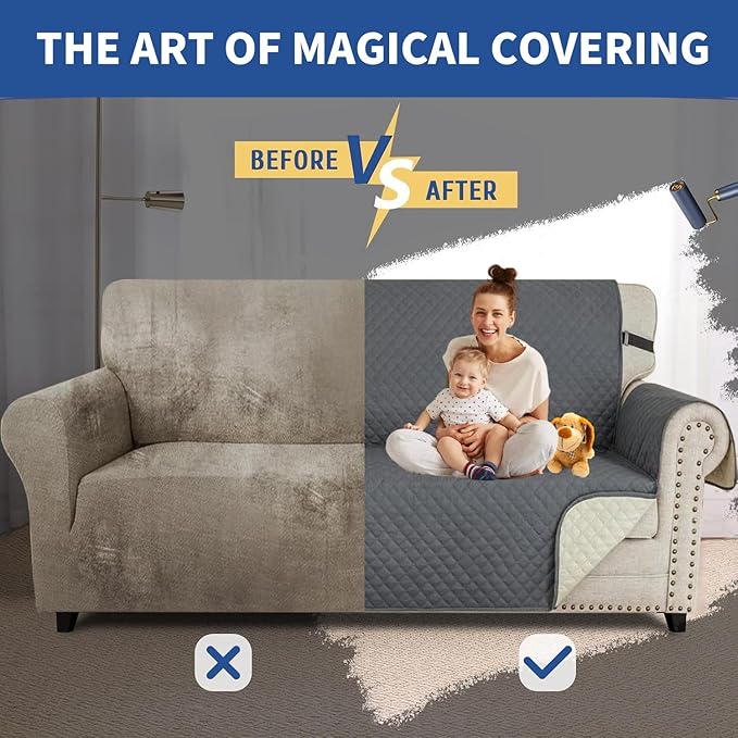 XINEAGE Oversized Sofa Cover Waterproof Couch Covers for 3 Cushion Couch, Soft Washable Slipcover with Pockets & Non-Slip Elastic Straps, Thick Furniture Protector (XL-Sofa, Dark Grey)