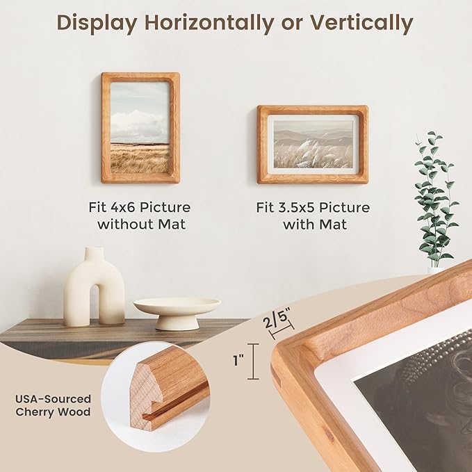 Fun Memories 4x6 Picture Frame, USA-Sourced Cherry Wood Photo Frames with HD Tempered Glass, Handcrafted Rounded Corner 4 x 6 Wooden Frame Matted to 3.5x5 Photos, 4x6 Frames, Tabletop or Wall Display
