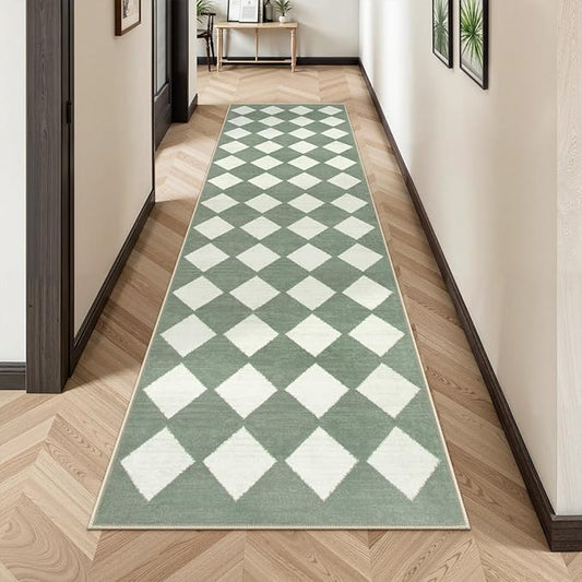 Lahome Zelie Checkered Washable 2x8 Green Runners for Hallways Non Slip, Ultra-Thin Kitchen Bathroom Runner Rugs, Moroccan Trellis Throw Carpet Runner for Bedroom Entryway Decor (2'x8',Green)