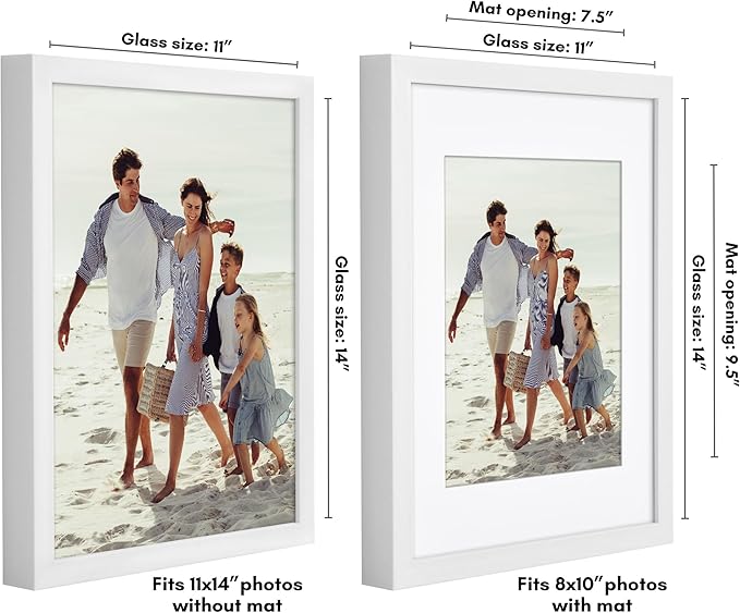 Americanflat 11x14 Picture Frame with Shatter-Resistant Glass - Use as 8x10 Frame with Mat or Display 11x14 Photo Without Mat - Soho Collection - Deep Molding Picture Frames for Wall Display - White