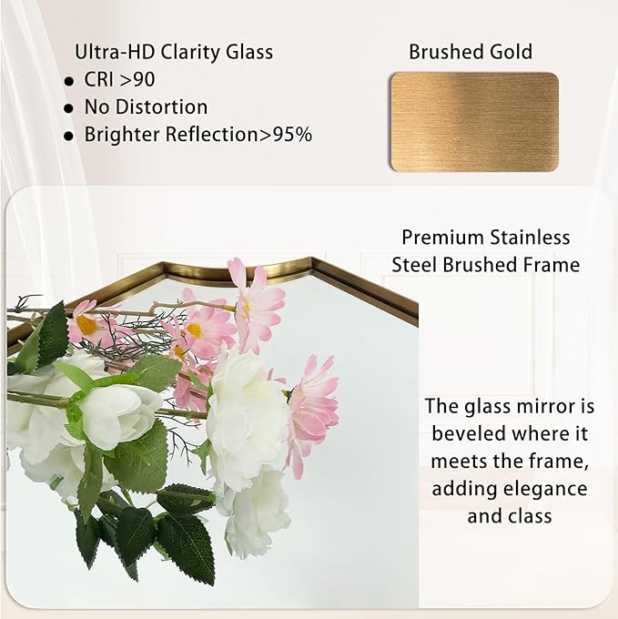 POZINO Scalloped Beveled Mirror, 30"x48" Brushed Gold Rectangle Bathroom Vanity Mirrors, Modern Irregular Wavy Wall Mirror for Living Room Bedroom Fireplace Entryway, Horizontal/Vertical Hanging