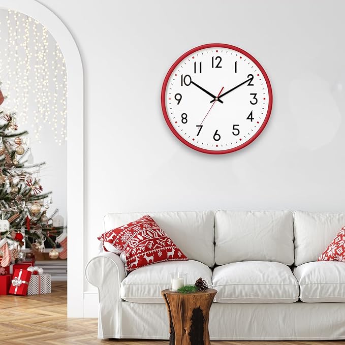 HZDHCLH Wall Clock Red,Silent Wall Clocks Battery Operated 8 Inch Modern Non Ticking Analog Clock Decorative for Kitchen Bedroom Living Room Office Classroom