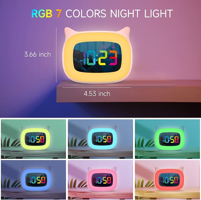 Cute Cat Ear Alarm Clock with RGB 7 Color Night Light,Pink - Image 2