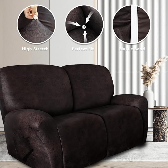 ANARACHON Leather Look Recliner Couch Cover 8-Piece Recliner Sofa Slipcovers 3 Seater for Reclining Couches Furniture Protector Washable (Recliner Sofa, Chocolate)