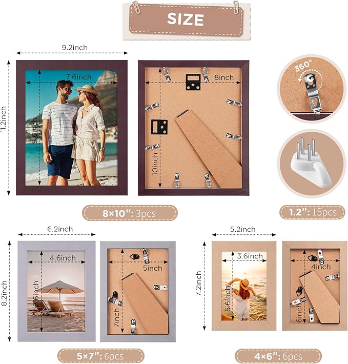 Funtopia 15 Pack Picture Frames, Gallery Wall Frame Set for Family, 8x10, 5x7, 4x6 Photo Frames Collage for Wall Hanging or Tabletop Display, 6 Colors