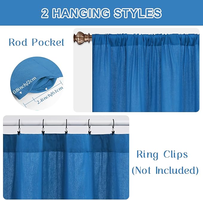 ASPMIZ Linen Kitchen Curtains 36 Inch Length, Farmhouse Kitchen Window Curtain Over Sink, Lake Blue Striped Short Curtains for Small Windows, Bathroom, Rod Pocket Window Treatment Tiers with Button