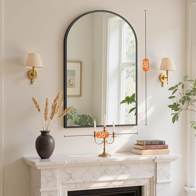 Sweetcrispy 26"x38" Arch Black Bathroom Wall Mirror, Metal Frame Vanity Mirror for Bedroom, Entryway, Living Room