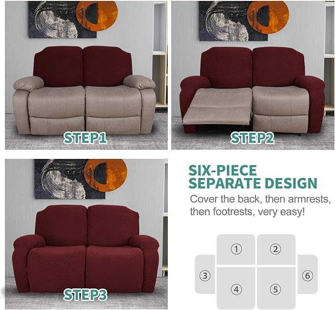 YEMYHOM 6 Pieces Stretch Loveseat Recliner Slipcover Jacquard Recliner Sofa Cover with Side Pocket Fitted Recliner Cover Couch Furniture Protector with Elastic Bottom (Loveseat Recliner, Wine Red)