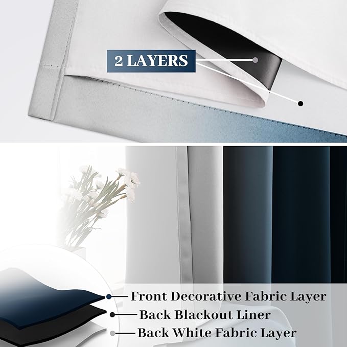 COSVIYA 100% Blackout Ombre Navy Blue Curtains for Bedroom with White Back,2 Thick Layers Thermal Insulated Room Darkening Grommet Window Drapes, 52x63 Inch, 2 Panels