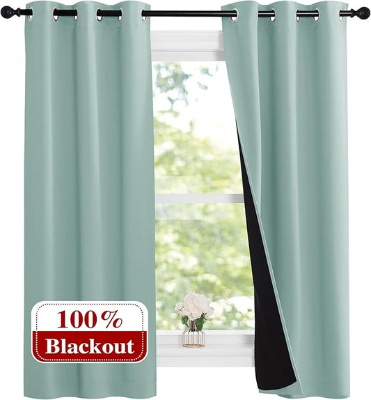 NICETOWN Aqua Blue 100% Blackout Lined Curtains, 2 Thick Layers Narrow Wide Window Treatment Panels Thermal Insulated Drapes for Kitchen Small Window (1 Pair, 37" Width x 63" Length Each Panel)