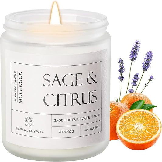 Sage & Citrus Scented Candles, Aromatherapy Jar Candle, 7 oz Long Lasting Candles, Soy Wax Candle Gift for Women