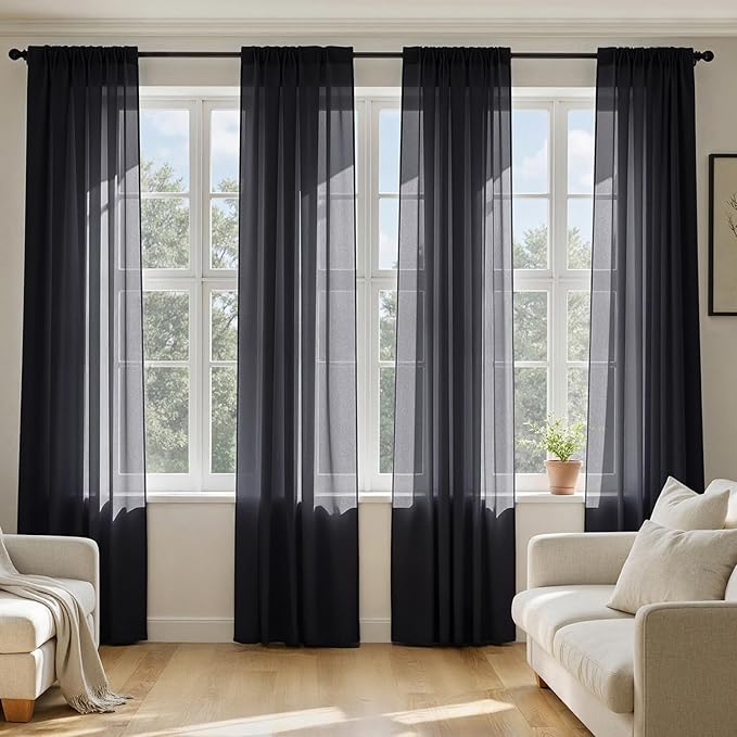 MIULEE Black Sheer Curtains 72 Inches Long, 4 Panels Set, Light Filtering Halloween Rod Pocket Voile Drapes for Living Room and Bedroom, Airy Soft Fabric Window Treatments, 54 x 72 Inches