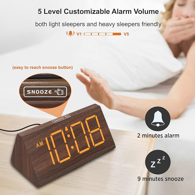 DreamSky Wooden Digital Alarm Clocks for Bedrooms - Electric Desk Clock with Large Numbers, USB Port, Loud Alarm for Heavy Sleepers, Adjustable Volume, Dimmer, Snooze, DST, Wood D??cor, Adapter Powered
