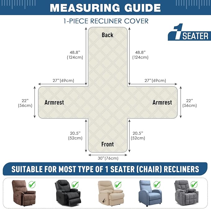 TAOCOCO 100% Waterproof Recliner Chair Cover, Recliner Covers for Recliner Chair with Pocket, Non Slip Reclining Chair Cover Furniture Protector for Kids, Pets(30'', Light Grey-Velvet)