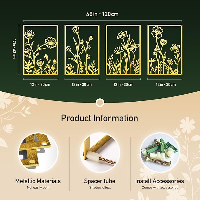 Sokurdeg Gold Metal Flowers Wall Decor, Minimalist Floral Metal Wall Hanging Art for Bedroom Bathroom Living Room (4 Pcs, 12 x 17 in)