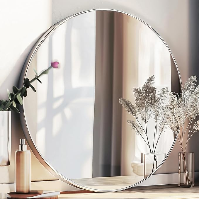 Sunniry Silver Round Mirror 26 inch, Silver Circle Mirror with Aluminum Frame, Circle Wall Mirrors for Bathroom, Living Room, Hallway, Bedroom.