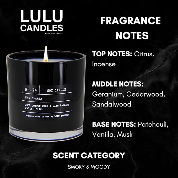 Lulu Candles | Nag Champa - Indian Incense | Highly Scented Premium Candles in Giftable Box for Home and Office | Vegan Soy Blend Jar Candle with 100% Cotton Wick | Slow Burning & Long Lasting (9 Oz.)