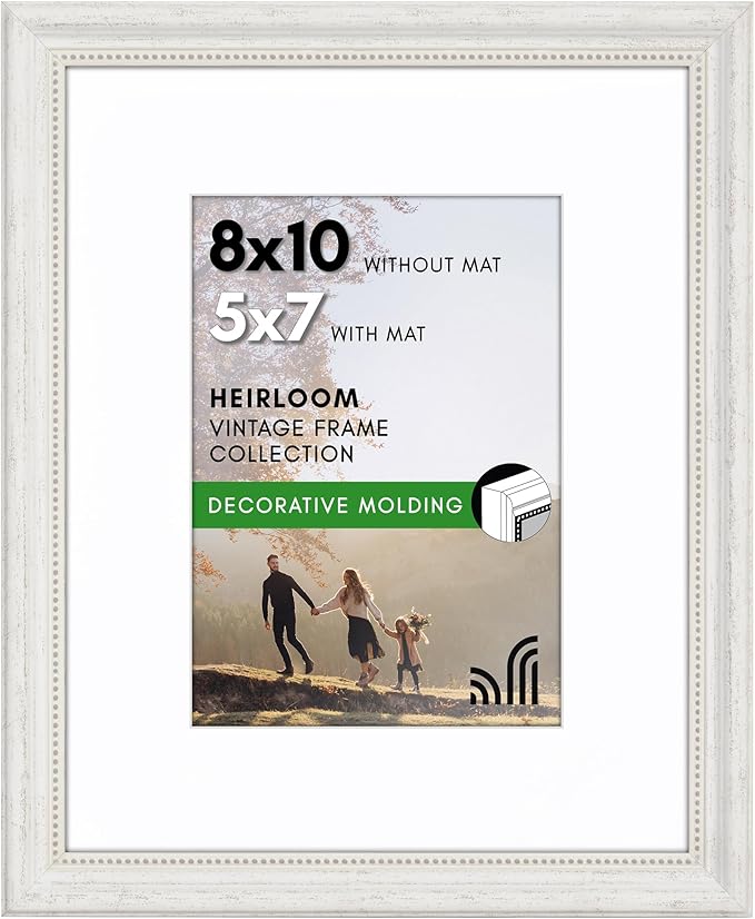 Americanflat Vintage Frames - 8x10 Picture Frame with Beaded Accents and Shatter-Resistant Glass - Use as 5x7 Frame or Display 8x10 Photos Without Mat - Heirloom Collection - Tabletop or Wall - White